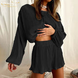 Fashion Blue Pleated Womens Two Peice Sets Casual Loose Long Sleeve Shirt Matching Shorts Set Elegant Home Female