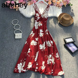 New Summer Fashion V-neck sleeveless off shoulder Dress high waist pleated waist print mid-length A-line