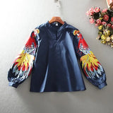 Fashion Embroidery Flower Lantern Sleeve Loose Casual Korea Design V-Neck Cotton Womens Tops and