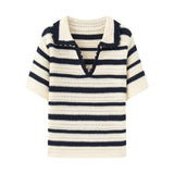 Striped Knitted Short-Sleeved Woman Summer 2025 New Collar Polo Shirt Small Short