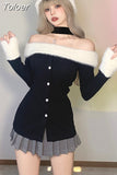Feathers Collar Slash Neck Knitted Halter Top Black Single-breasted Korean Style Sexy T-shirt High Street Slim