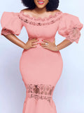 Women's One-Word Collar Bubble Sleeve Lace Splicing Banquet Fishtail Dress Dress Dress Dress Dress