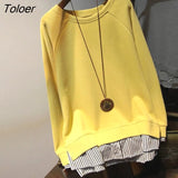 Women Fake Two Pieces Autumn New Loose Korean Style All-match Fashion Patchwork O-neck Clothing Aesthetic