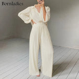 Pleated Wide Leg Pants Sets Women Elastic High Waist Ruched Palazzo Pants + Loose Blouse Shirt Sets Oversized