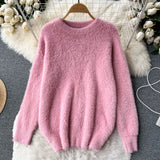 Plush Sweater Women Loose Gentle Long Sleeve Fashion O Neck Korean Top 2022 Winter Solid Streetwear Knitted