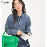 Women Denim Shirt 2022 Autumn Long Sleeve Polo Neck Loose Blouse Floral Print Classic Elegant Vintage