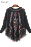 Fashion Autumn Ethnic Style Jacquard Knitted Pullovers Women Fall O-neck Tassles Long Sleeve Loose Sweaters Female