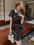 Black Lace Dress Women Single-breasted Lapel Neck Elegant Vestido Dresses Lady Golden Button Hollow Out Hook Sexy