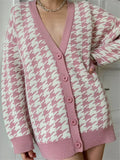 Sexy long cardigan women Winter fall houndstooth plaid knitted sweater V neck casual Single Breasted streetwear