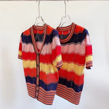 Summer New Contrast Color Striped Short Sleeve Sweater Women Knit Cardigan Y2K Casual Hollow Out V-Neck Knitwear Top