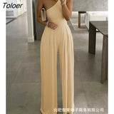 New Women Summer Plant Pattern Print Rompers Lady Elegant One Shoulder Sleeveless Formal Loose Wide Leg Pants