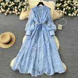 High-End Women's Dress 2025 Spring Collection Heavy Industry Embroidery V Neck Lantern Sleeve Single Row Buckle Long