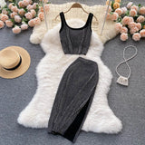 Summer Black/White Diamonds Dot Two Piece Set Women Sexy Square Collar Sleeveless Short Camis + Midi Bodycon Skirt Suit New