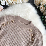 Sleeve O-neck High Quality Sweater Shirts With Decorated Buttons Girls Stretchy Crop Tops Sweaters Pullovers For
