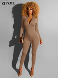 Casual Zipper Up Rompers Womens Jumpsuit Deep V Neck Full Sleeve One Piece Overall Casual Workout Skinny