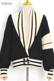 Patchwork Coat For Women V Neck Lantern Long Sleeve Striped Hit Color Knitting Cardigan Female 2023 Autumn New