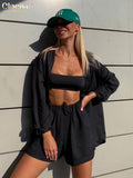 Casual Long Sleeve Blouse Set Of Two Fashion Pieces For Women Tracksuit Autumn Black High Waist Shorts Suit