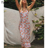 Summer Boho Casual Floral Printed Strap Midi Dress Sleeveless Backless Sexy Vintage Cami Vestidos Beach Women Slip