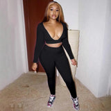 Autumn New Deep V-neck Long-sleeved Top + Trousers Solid Color Street Hipster Women Stitching Line Sports Two-piece