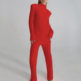 Free Shipping Cotton Casual Women Knitted Two Piece Sets Women's Slim Outfits Striped Turtleneck Sweater And Elastic Pant