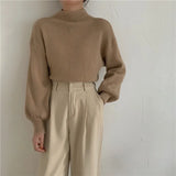 Women Autumn Winter Half Neck Sweater Tops Long Lantern Sleeve Casual Knitted Blouse Fashion Korean Elegant Office Lady