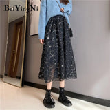 Sequins Floral Spring Summer Pleated Black Streetwear Chic Woman Skirts Solid High Waist Vintage Korean Faldas
