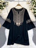Embroidary Bohemian Women Dress Flare Sleeves Solid Retro O Neck 2022 Fashion Loose Ladies Midi