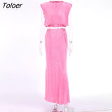 Pleated Elegant Skirt Sets O-Neck Shoulder Pads Tank Top Summer Outfit Elastic Waist Trumpet Long Skirts Women Suits