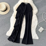 Women's Pants 2023 New Stylish Ruffles Flare Trousers Elegant High Waist Zipper Fly Slim Fit Spring Autumn Full Length