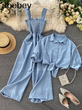 Two Pieces Set Women Loose Short Sunscreen Jacket + Suspending Rompers Clothing Female Casual Holidays