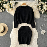 Winter OL Solid Sweater Sets Women O Neck Knitwear Top+High Waist Short Skirt Korean Casual Knitted Two Pieces
