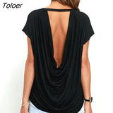 Open Back T Shirt Women Casual Backless Short Sleeve TShirt Summer Hot Clothing Loose O-neck Tops Tees Black