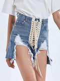 Streetwear Patchwork Tassel Shorts For Women High Waist Bandage Irregular Hem Denim Shorts Female Fashion New