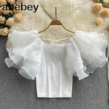 Summer New Japanese Style Korean Fashion Women's Blouse Casual Retro Solid Color Round Neck Flying Sleeves