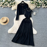 Small Fragrant Style Wearing Women's Autumn Fashion Nail Ball Collar Sleeveless Knitted Dress Long Sleeve Open Shirt