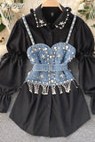 2023 New Blouse Women's Diamond Beaded Puff Sleeve Blusa Top Tassel Pearl Sling Waistcoat Two-piece Sets Stacking