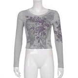 Rhinestone Floral Vintage Graphic T Shirts Women Gray Casual Cute New Sweat Tops O Neck Long Sleeve Autumn Baby