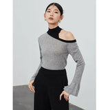 Gray Color-block Off Shoulder Knitting Sweater Turtleneck Long Sleeve Women Pullovers New Fashion Tide Autumn Winter