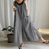 2022 Summer Fashion Women Vintage Plaid Long Jumpsuits Wide Leg Pants Sleeveless Casual Loose Playsuits Bohemian