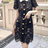 Black Lace Dress Women Single-breasted White Neck Elegant Vestido Dresses Lady Golden Button Hollow Flower Hook