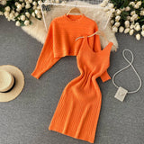 Women Sexy Knitted Two Pieces Suits Short Loose Pullover Top+Midi Camis Dress Striped Winter Streetwear Sweater