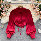 Women Korean Satin Blouse Turndown-Collar Puff Sleeve Single Breasted Slim Top Autumn Fashion Streetwear Short