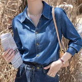 Dark Blue Soft Cowboy Shirt Women In Autumn And Winter Wearing Long-Sleeved Shirts Small