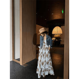 Light Luxury High-End Temperament Sister Little Fragrant Denim Jacket Blue Floral Skirt