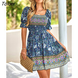 Floral Print Short Dress Women Casual Blue Puff Sleeve Boho Beach Dress Fashion Square Collar New In Dresses