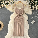 Women Summer Knitted Dress Squre Neck Sleeveless Backless Sheath Sundress Streetwear Ladies Sexy Party Long