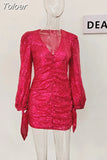 Fashion Women's Dress Deep V-neck Slim Sexy Spliced Lace Up Cuffs Pink Sequins Pleated Hip Dresses Autumn 2023 New