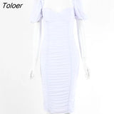 Strapless Sexy Summer Dress Women Elegant Short Sleeve Ruched Bodycon Party Dress Female Double Fabric Split Club