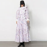 Ruffle Trim Lace Up Bow Spring Dress For Women Stand Collar Long Sleeve High Waist Print Dresses Female 2022