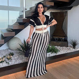 Knitted Suit Woman Sexy V-Necked Leaf Sleeve Top + Striped Ass Skirt